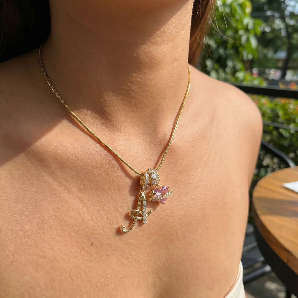 Initial Letter Necklace – Pink Crystal Heart Pendant, 18K Gold Initial Pendant Necklace SPOT
