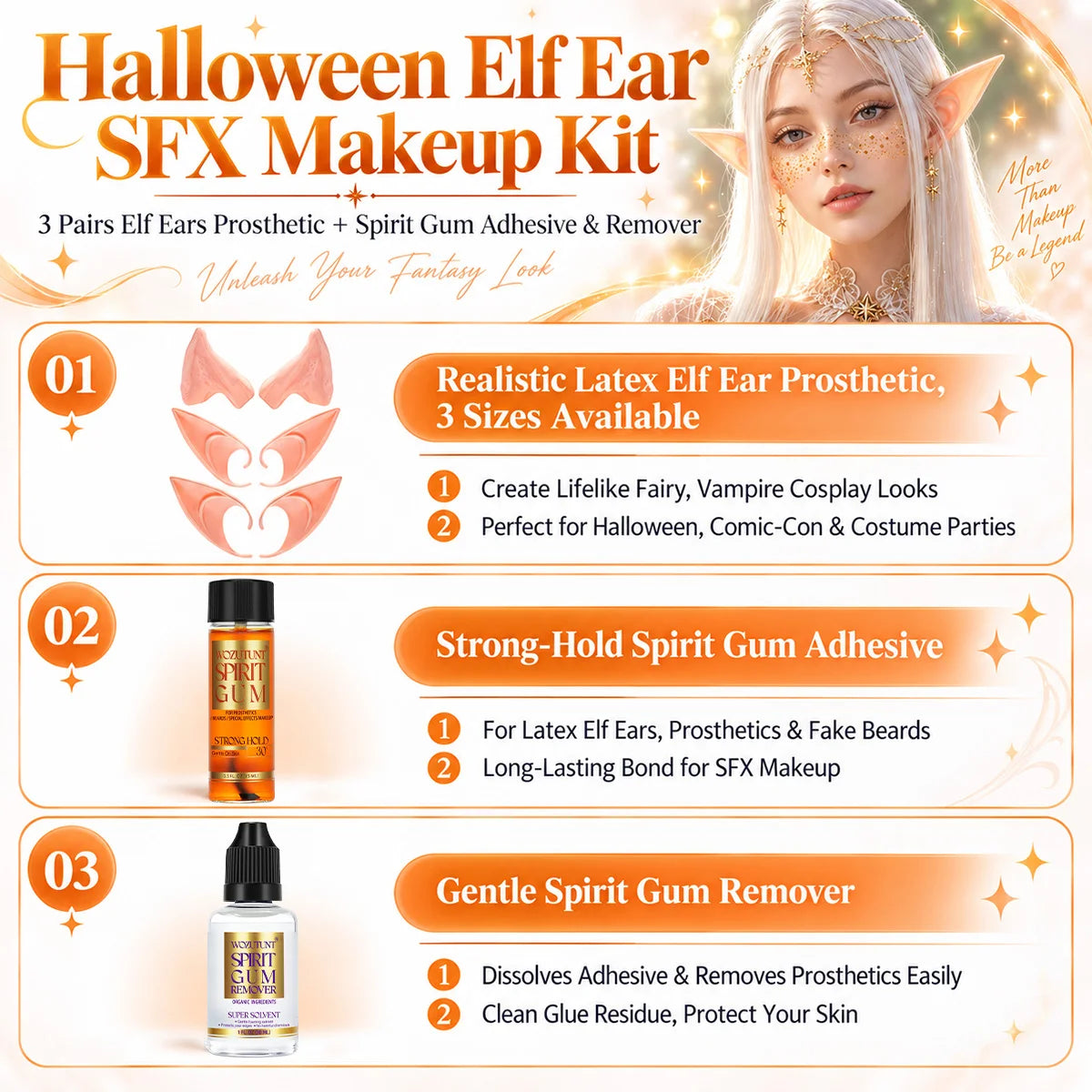 Spirit Gum Set with Latex Elf Ears – Halloween SFX Cosplay Kit SFX Cosplay Makeup Set SPOT