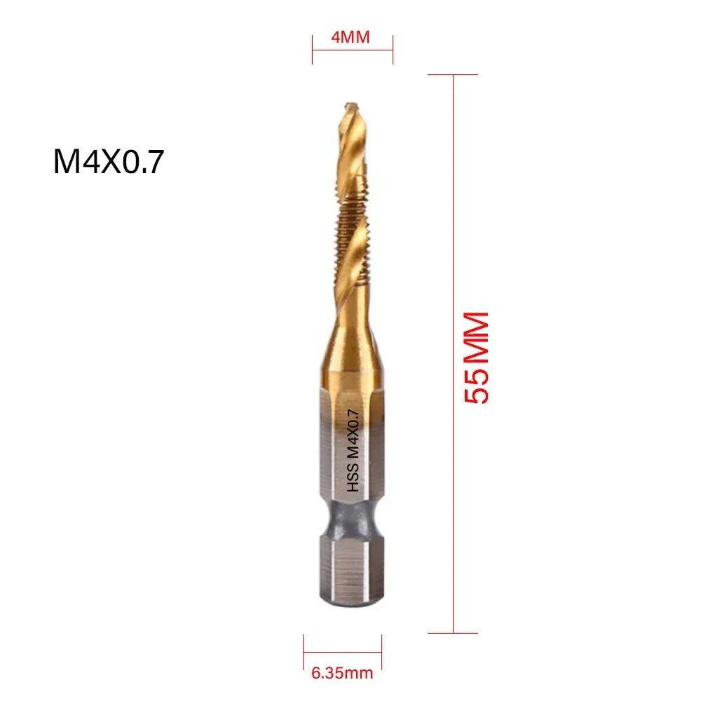 6-Pc Metric Titanium Drill Tap Bit Set M3–M10 | 1/4" Hex Shank Drill Tap Bit Set SPOT M4X0.7 Golden