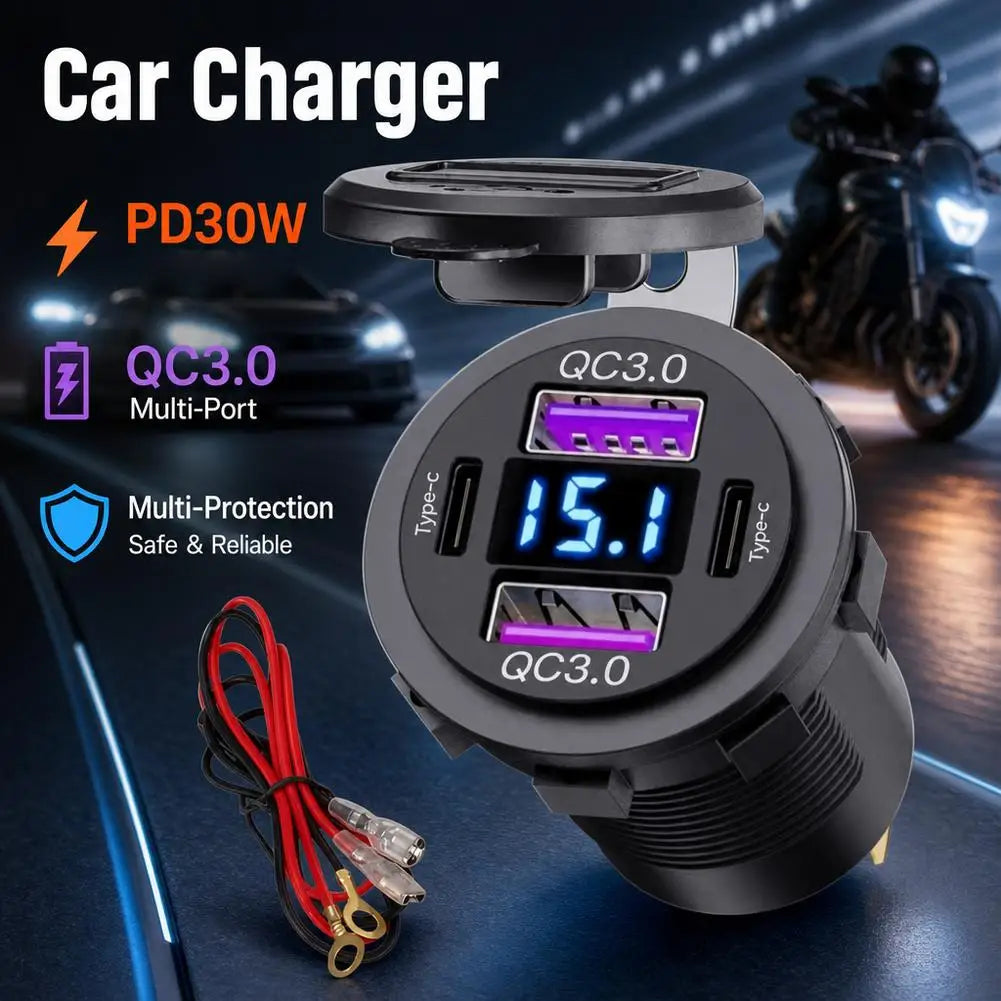 Dual QC3.0 & USB-C Flush Car Charger Socket – LED Voltage Display Car Charger Socket SPOT