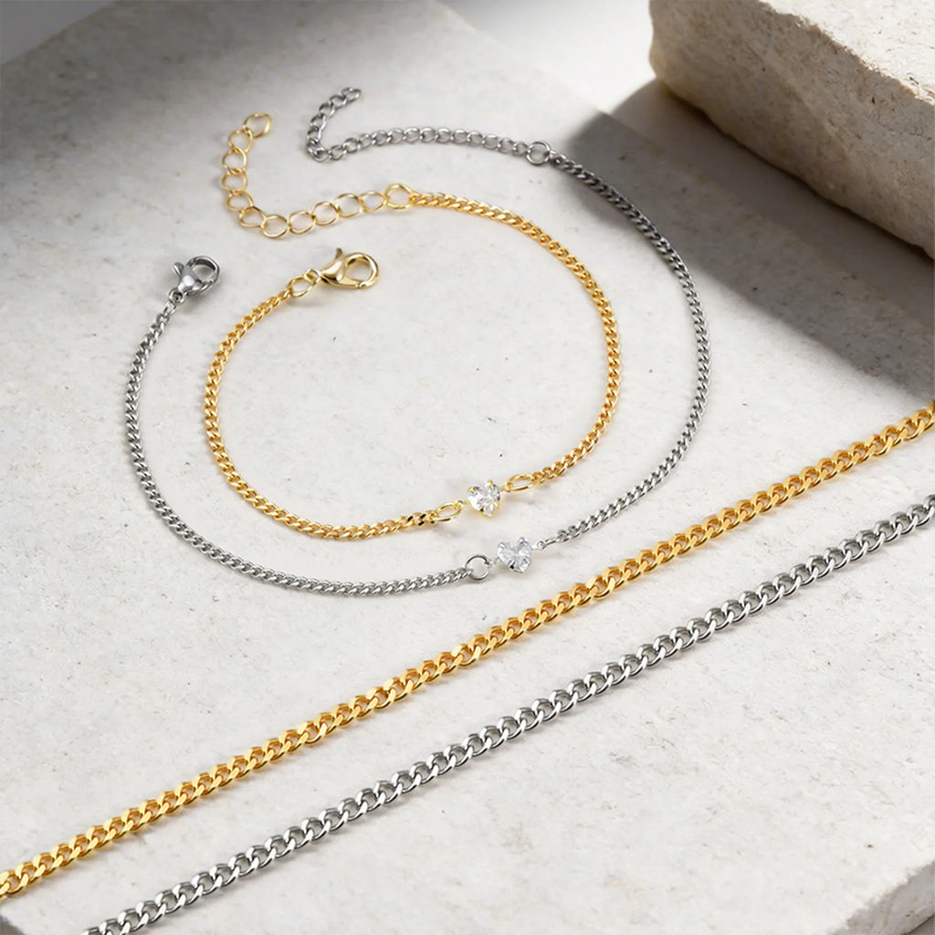 Matching Couple Bracelets – Cuban Link CZ Heart Stainless Steel Couple Bracelet Set SPOT