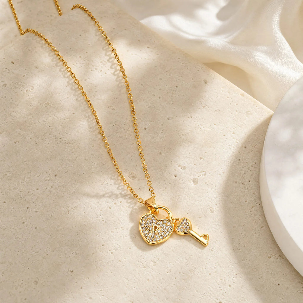 Heart Lock & Key Necklace – 18K Gold Plated CZ Pendant for Women Pendant Necklace SPOT
