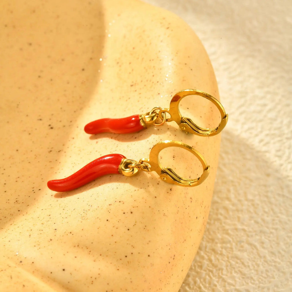 Red Chili Pepper Enamel Drop Earrings – Gold Stainless Steel Drop Dangle Earrings SPOT