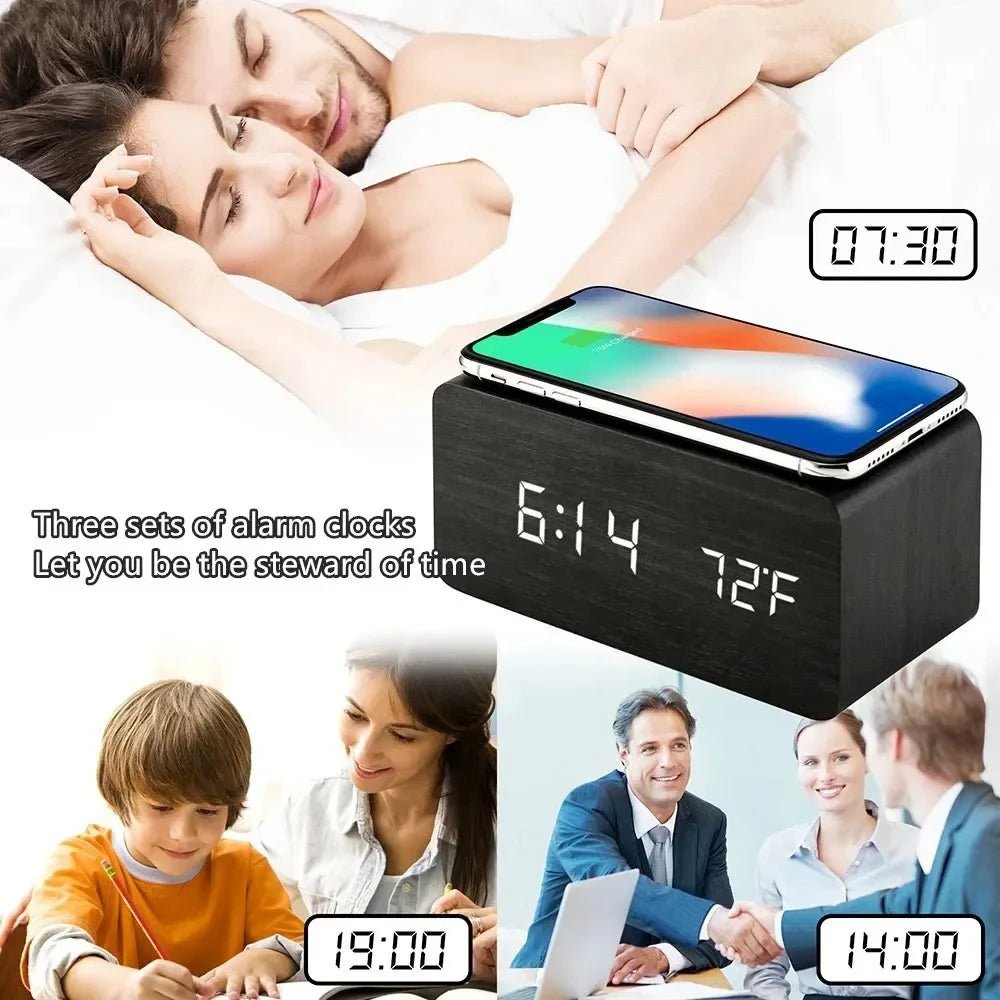 Wooden Digital Alarm Clock with Wireless Charging & LED Display Digital Alarm Clock SPOT