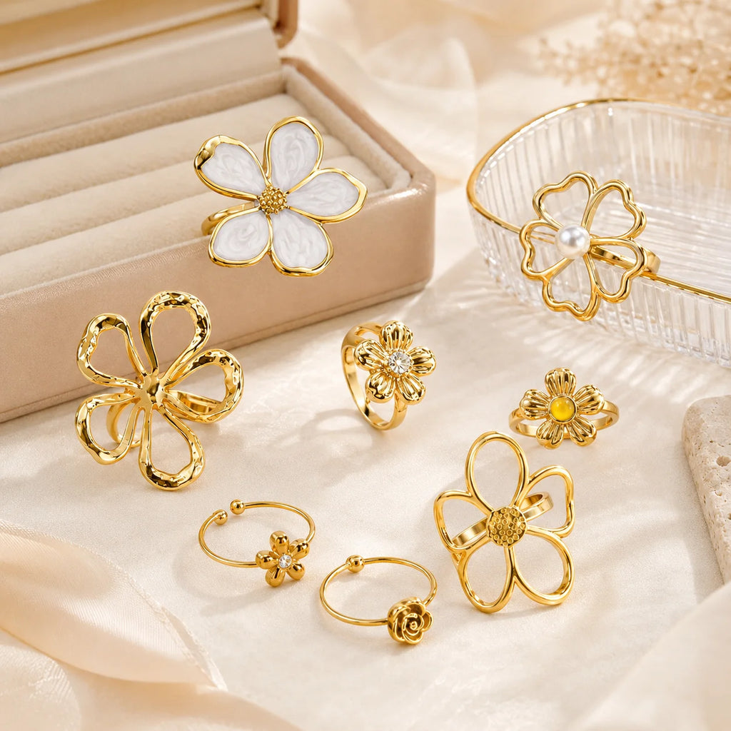 18K Gold Plated Floral Statement Ring – Open Adjustable Band Fashion Statement Ring SPOT