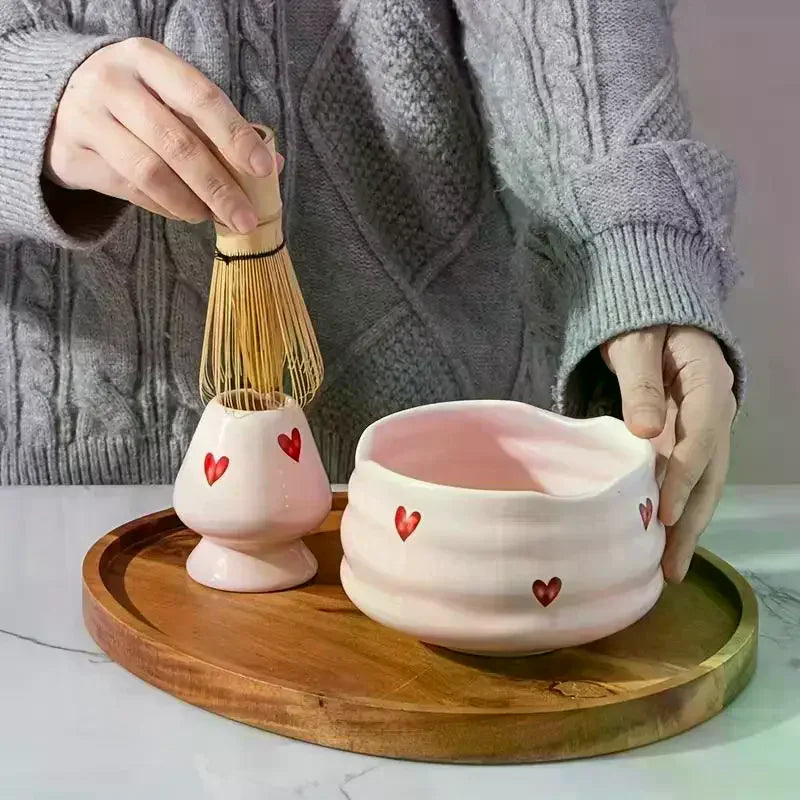 Heart Decal Ceramic Matcha Set – Bowl, Whisk, Scoop & Holder Matcha Tea Set SPOT