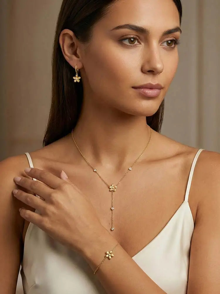 Y-Shape Zirconia Flower Lariat Necklace – Gold, Tarnish Free Pendant Necklace SPOT