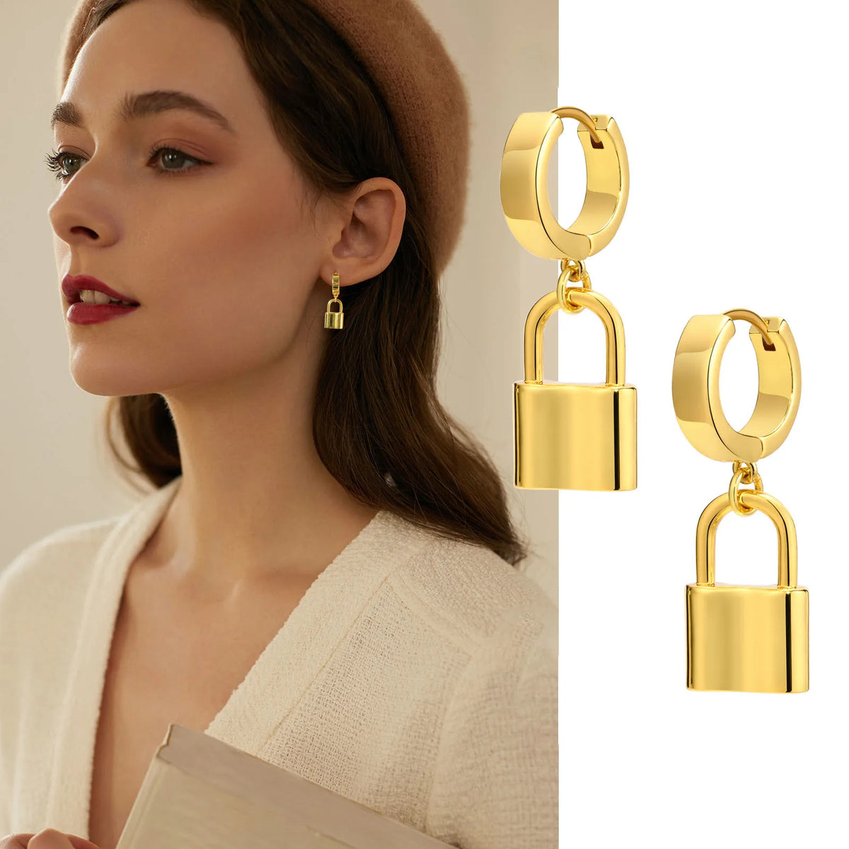 18K Gold Plated Padlock Huggie Hoop Earrings for Women Huggie Hoop Earrings SPOT