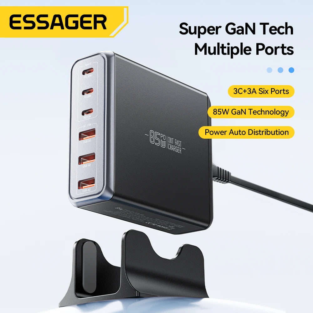 Essager 85W GaN 6-Port USB-C Desktop Fast Charging Station Desktop GaN Charger SPOT