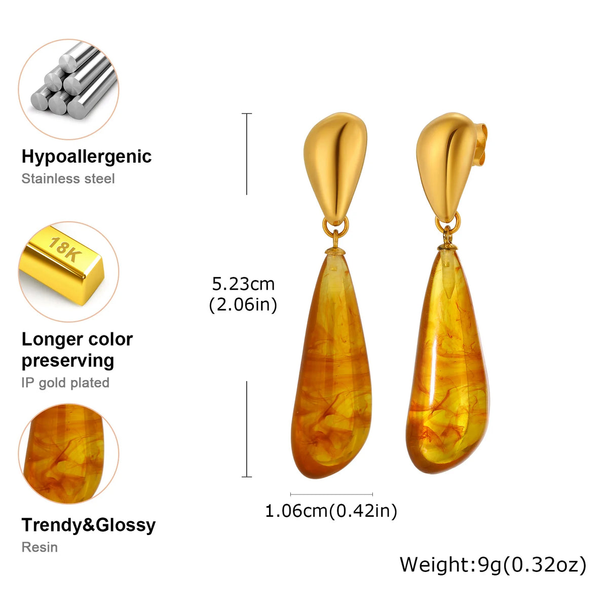 Amber Resin Teardrop Dangle Earrings – Gold Statement Drops Dangle Earrings SPOT