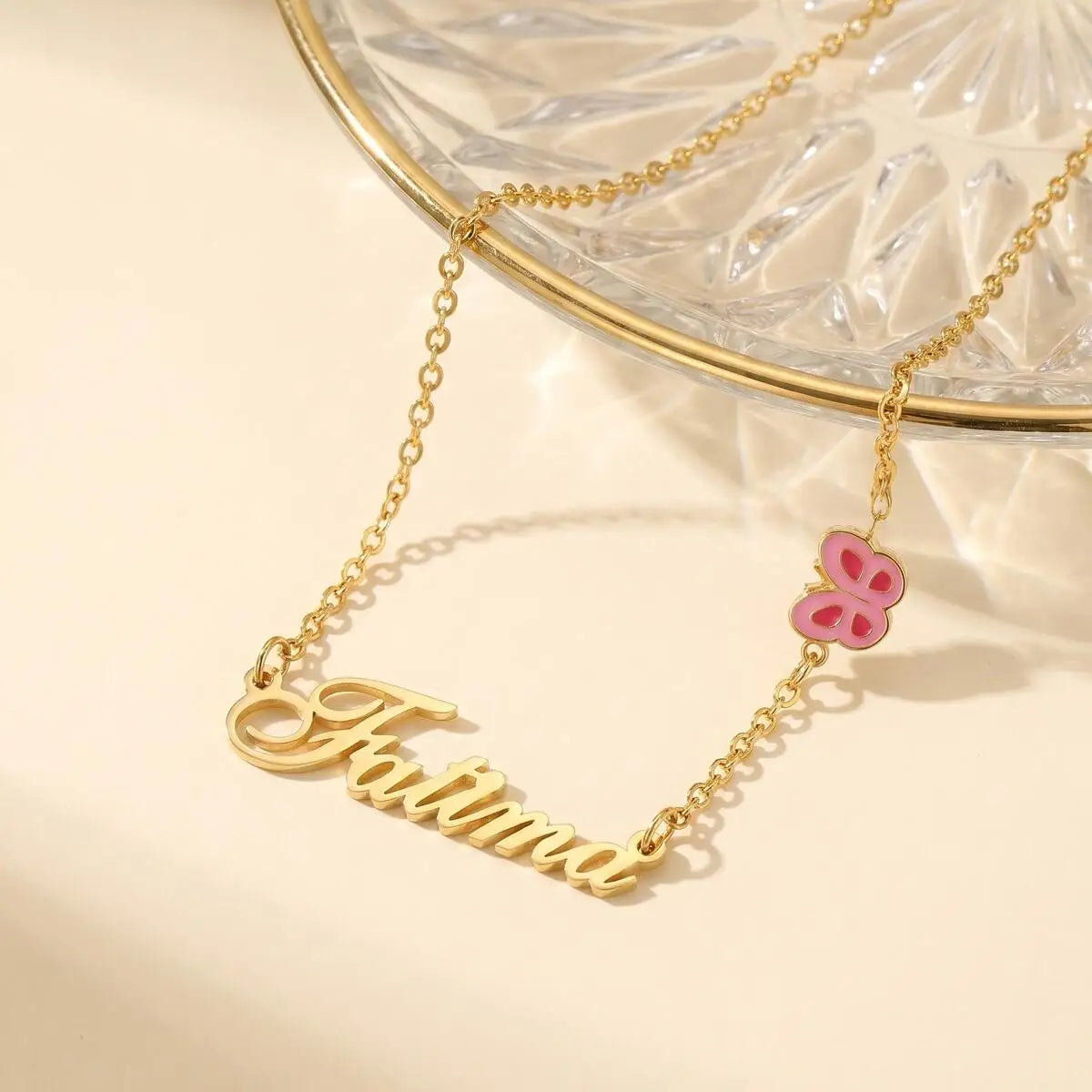 Custom Butterfly Name Necklace – Gold Plated & Pink Enamel Custom Name Necklace SPOT