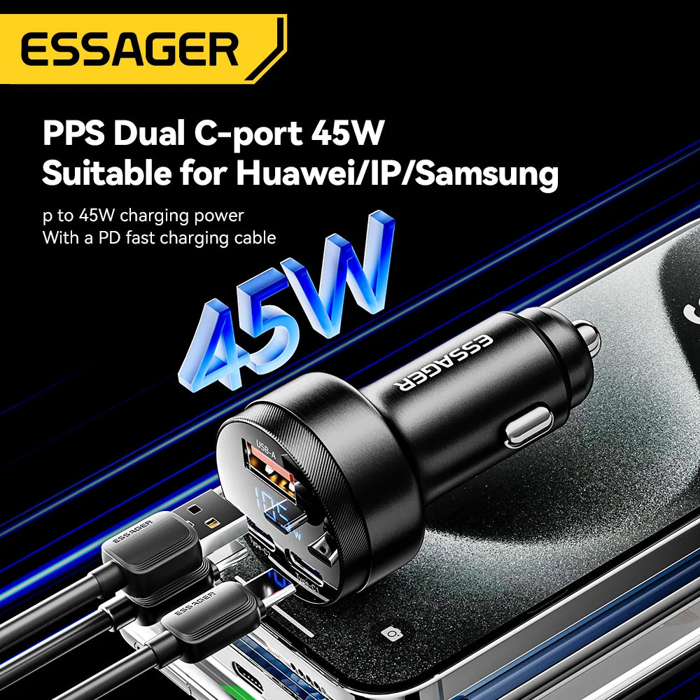 Essager 120W GaN Car Charger – 3-Port QC4.0 PD Fast Charging Car Charger SPOT