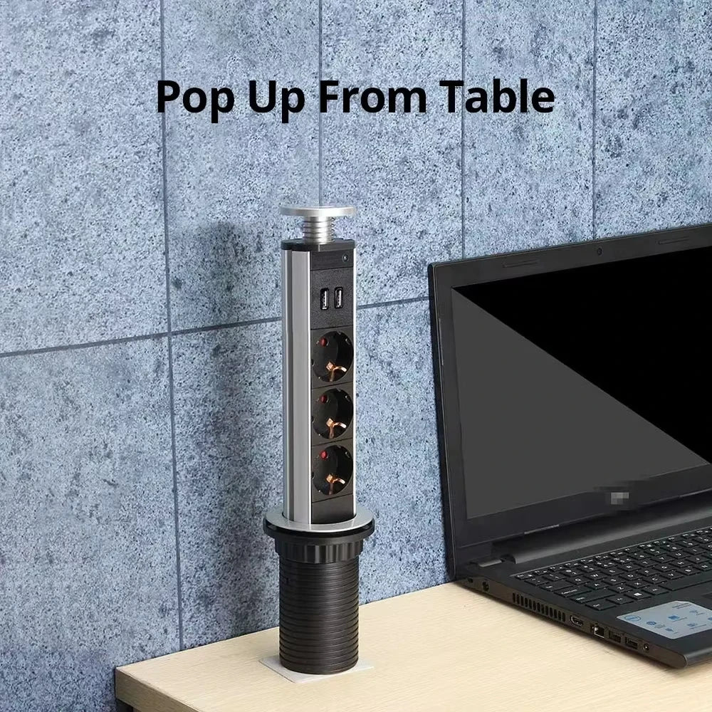Retractable Pop-Up Desktop Socket – 3 Outlets + Dual USB, Aluminum Desktop Power Socket SPOT
