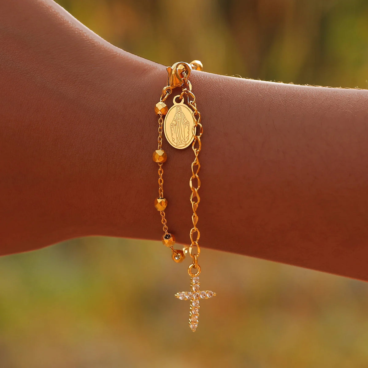 Virgin Mary Rosary Bracelet – Stainless Steel Cross Charm Religious Charm Bracelet SPOT