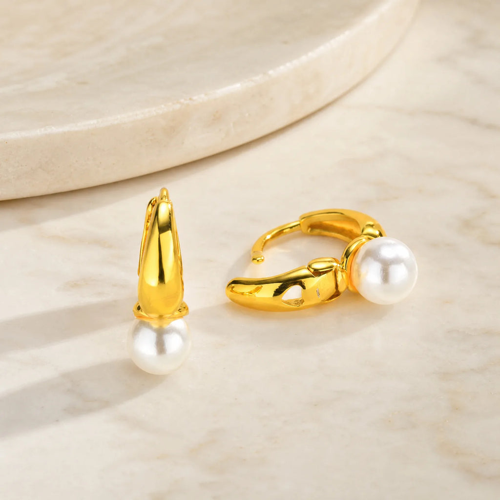 Imitation Pearl Huggie Hoop Earrings – Minimalist Gold Hoops Huggie Hoop Earrings SPOT