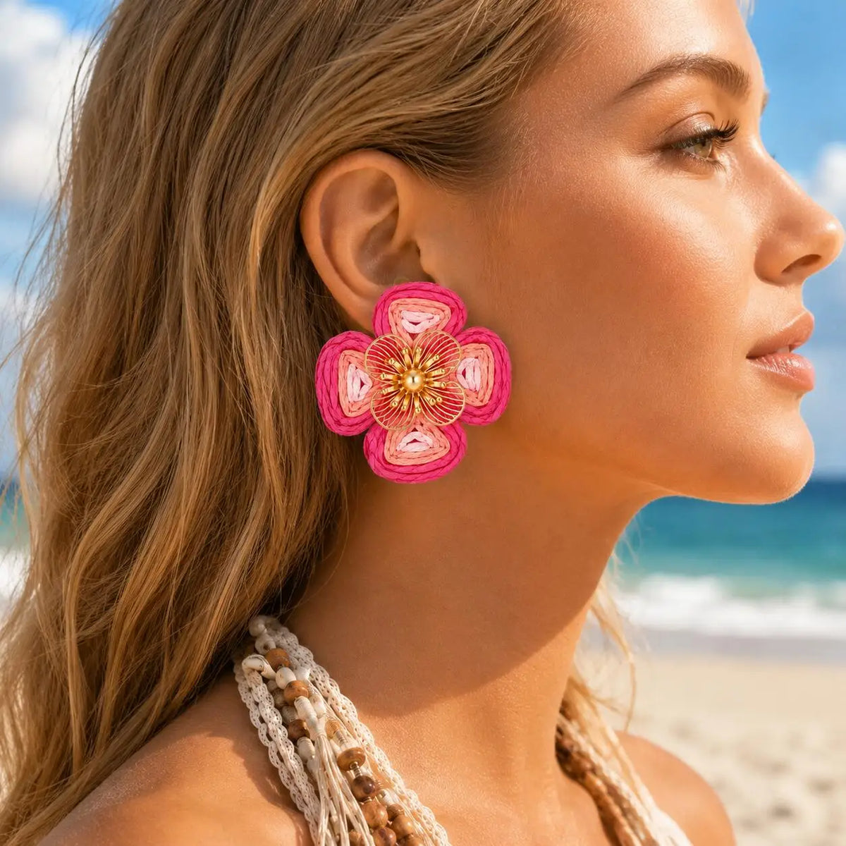 Boho Raffia Flower Stud Earrings – 14K Gold Plated Floral Stud Earrings SPOT