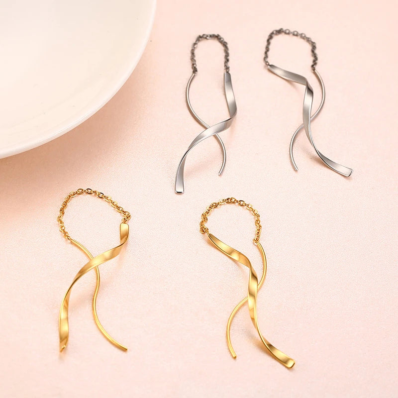 Spiral Bar Threader Earrings – Long Drop Stainless Steel Dangle Drop Threader Earrings SPOT