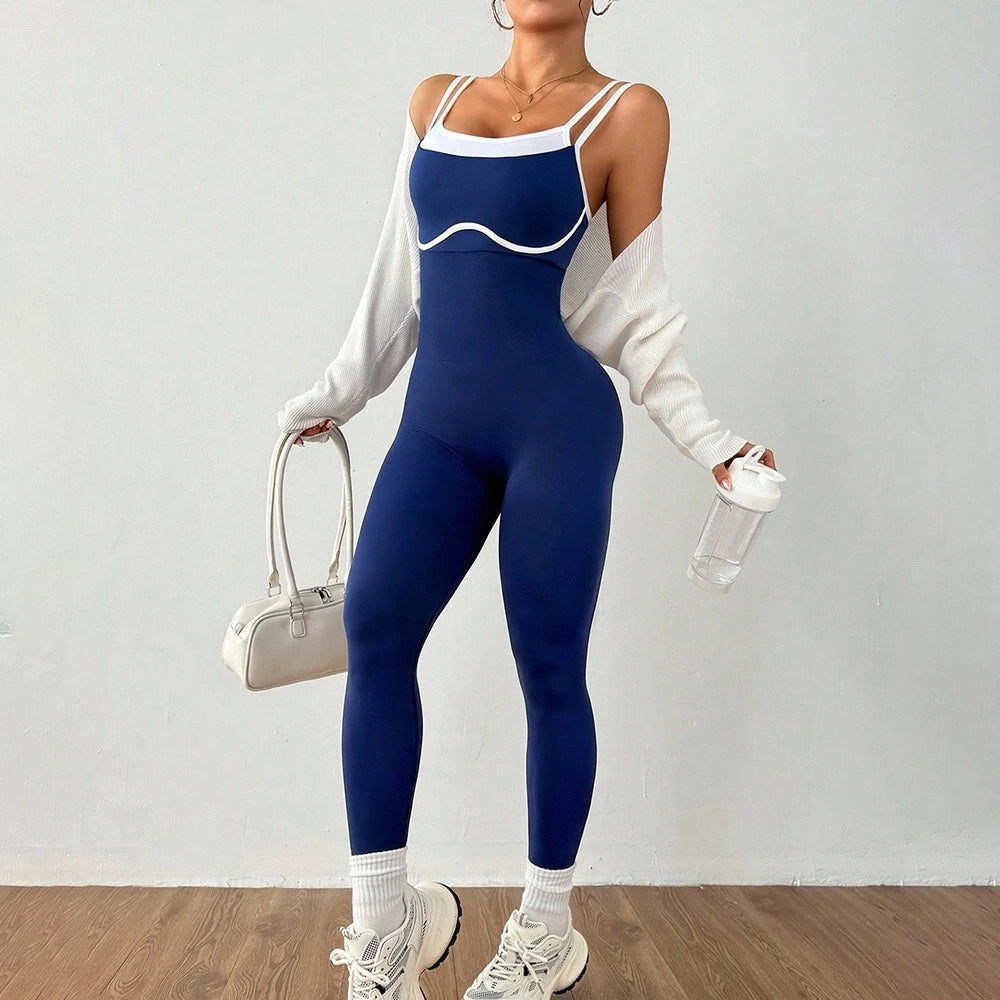 Women's One-Piece Yoga Jumpsuit with Pads – Slim Fit Yoga Jumpsuit SPOT L Blue