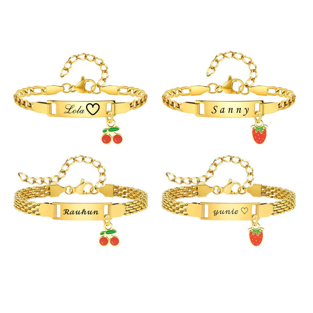 Personalized Children's Name Bracelet – Strawberry Cherry, Gold Personalized Kids Bracelet SPOT
