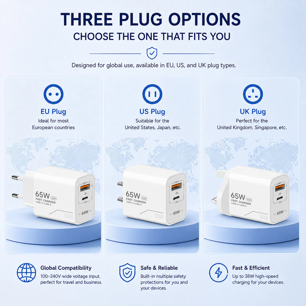 65W GaN Charger Dual USB-A & USB-C Fast Charging Wall Plug GaN Wall Charger SPOT