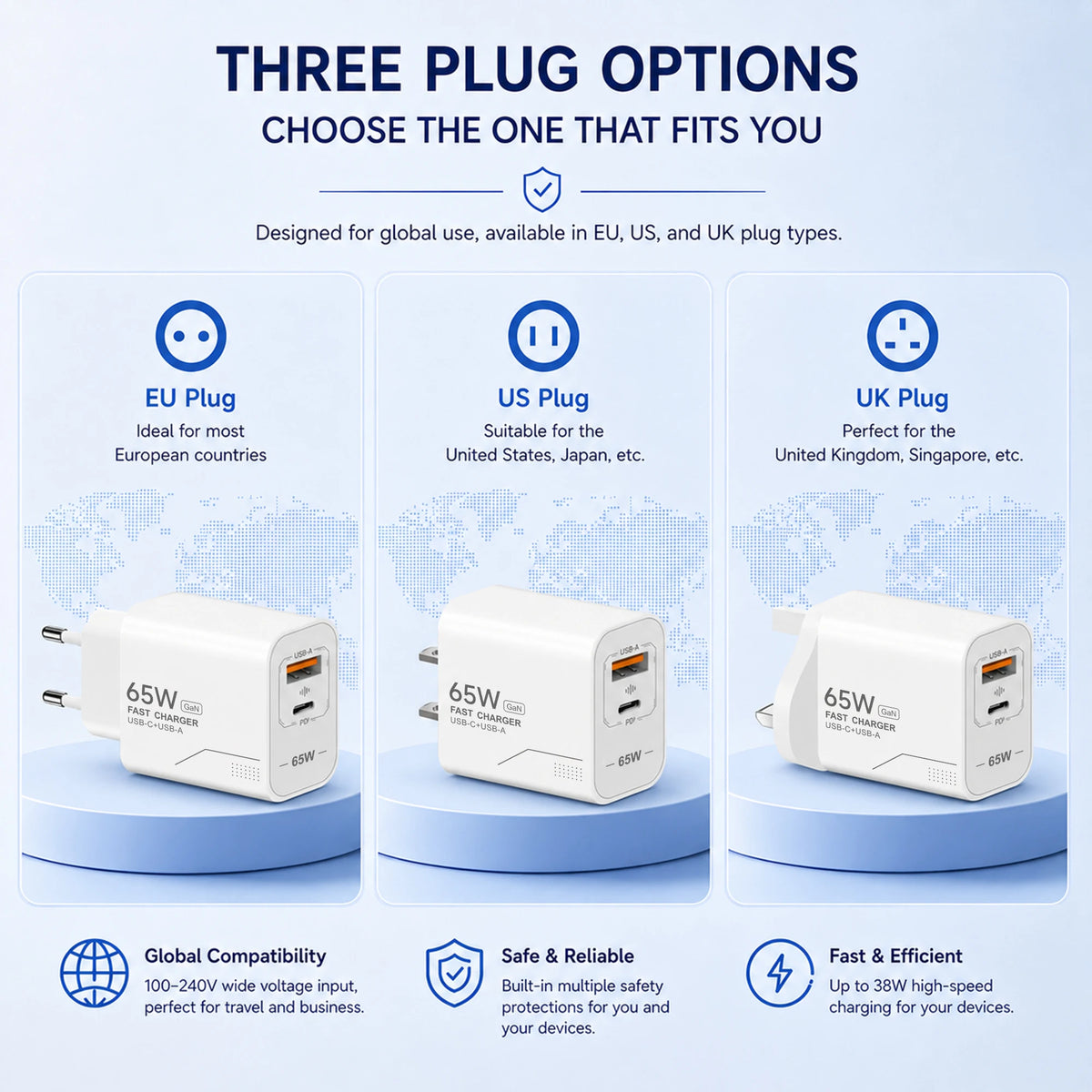 65W GaN Charger Dual USB-A & USB-C Fast Charging Wall Plug GaN Wall Charger SPOT