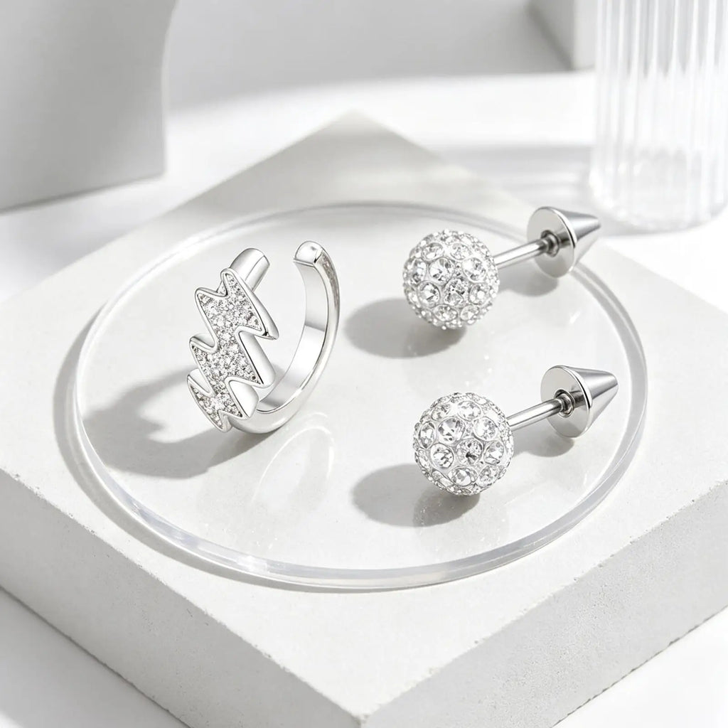 Silver CZ Stud Earrings – Cubic Zirconia Stackable Set 2 Pairs CZ Stud Earrings SPOT