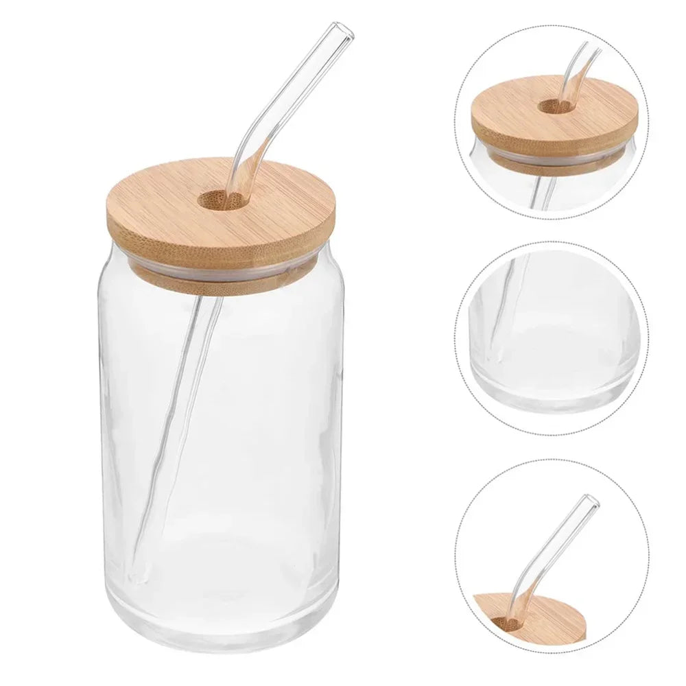 Glass Cup with Bamboo Lid & Straw – 350ml/550ml Mason Jar Mug Glass Drinkware Set SPOT