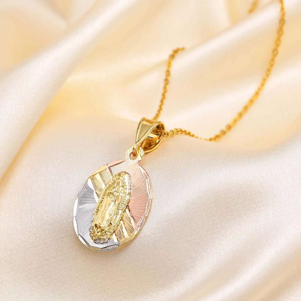 Tri-Color Gold Virgin Mary Guadalupe Pendant Necklace Gift Pendant Necklace SPOT