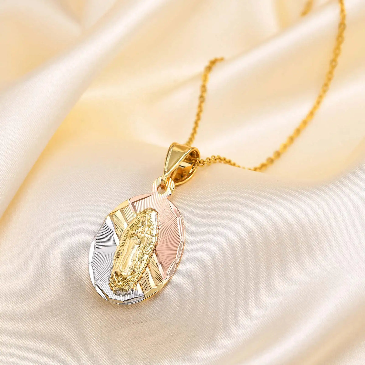 Tri-Color Gold Virgin Mary Guadalupe Pendant Necklace Gift Pendant Necklace SPOT