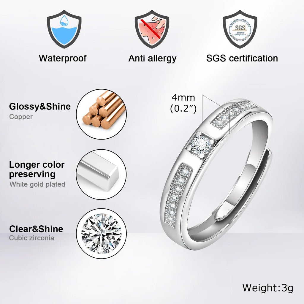 Adjustable CZ Silver-Tone Ring – Couples Wedding Band Gift Fashion Ring SPOT