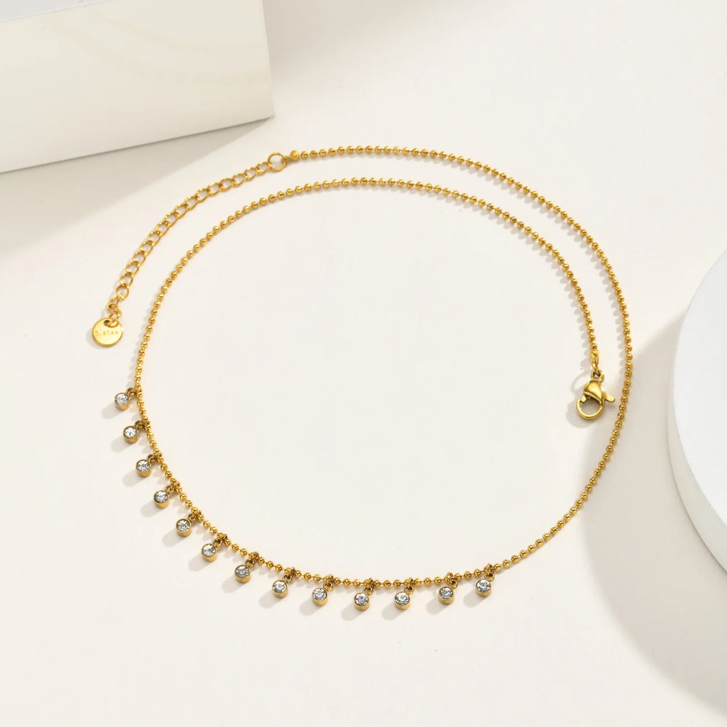 CZ Bezel Drop Station Necklace – Gold Stainless Steel Choker CZ Station Necklace SPOT