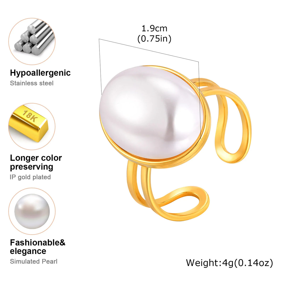 Pearl Ring for Women – 18K Gold Plated Open Band | Stainless Steel Pearl Fashion Ring SPOT