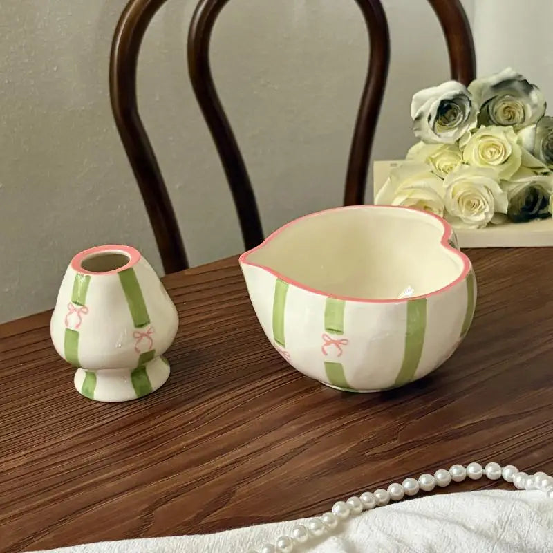 Heart Ceramic Matcha Bowl & Whisk Holder Set – Hand-Painted Ceramic Tea Set SPOT A11