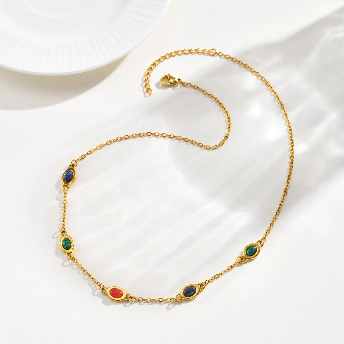 18K Gold Plated Natural Stone Station Necklace – Malachite & Lapis Station Necklace SPOT