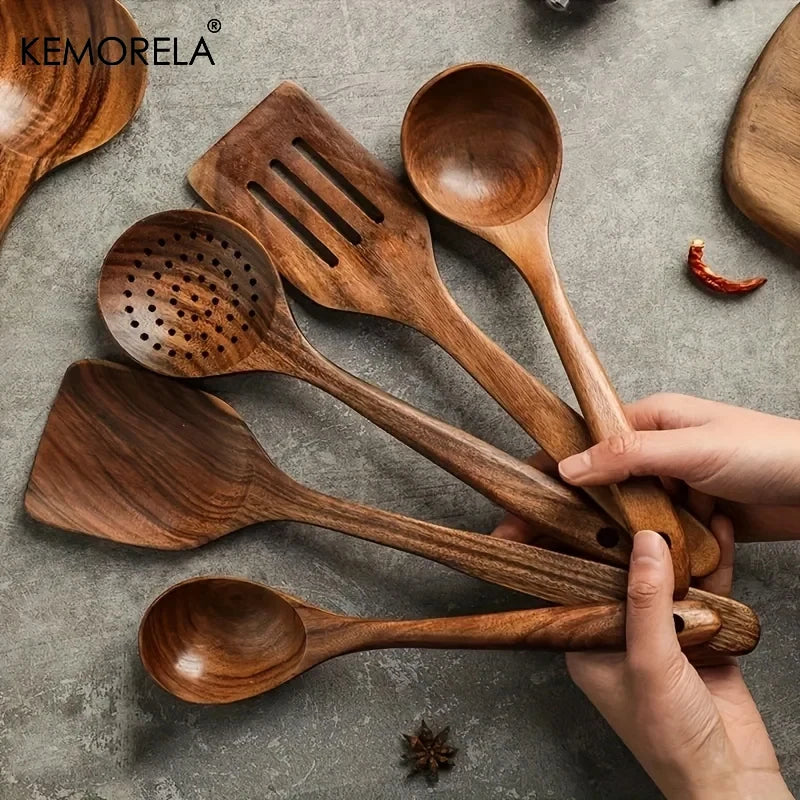5-Piece Teak Wood Kitchen Utensil Set – Ladle, Turner & More Wooden Utensil Set SPOT