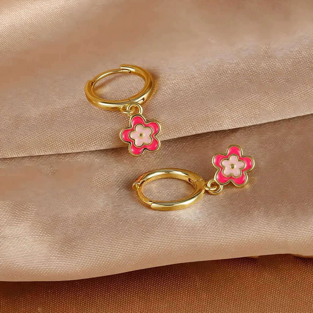 14K Gold Plated Pink Enamel Flower Huggie Hoop Earrings Huggie Hoop Earrings SPOT