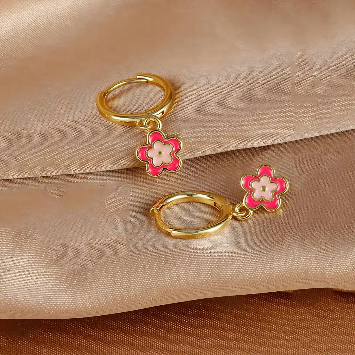 14K Gold Plated Pink Enamel Flower Huggie Hoop Earrings Huggie Hoop Earrings SPOT