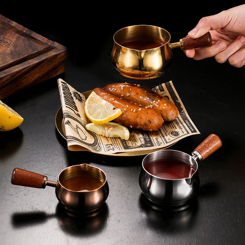 Stainless Steel Sauce Cup with Wooden Handle – Dipping Saucer Sauce Dipping Cup SPOT