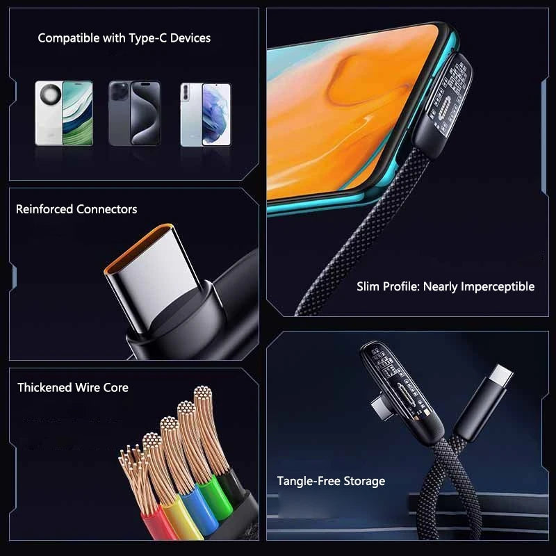 100W USB-C Right-Angle Fast Charging Cable 6A Braided USB-C Charging Cable SPOT