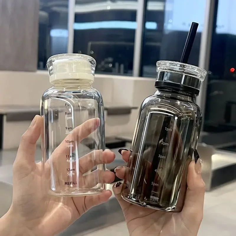Glass Water Bottle with Time Marker, Lid & Straw – 550/750ml Glass Water Bottle SPOT