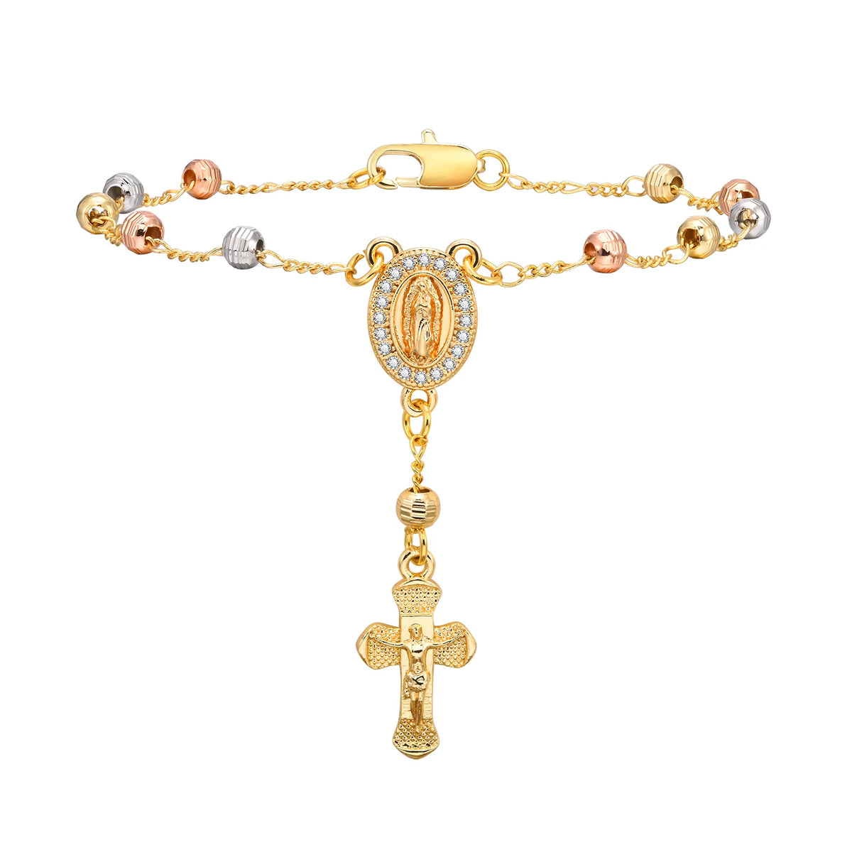 Virgin Mary Rosary Bead Cross Bracelet – Gold Adjustable Link Religious Link Bracelet SPOT