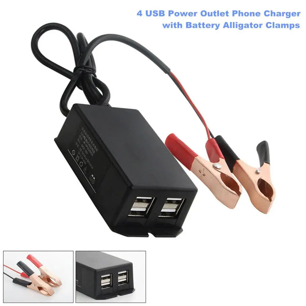 4-Port USB Car & Motorcycle Charging Hub – DC 12V 24V Battery Clip Vehicle USB Charger SPOT