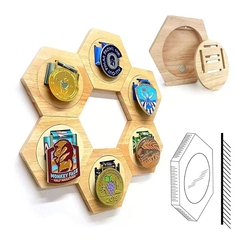Wooden Hexagonal Medal Display Stand – Wall Mount Award Rack Medal Display Stand SPOT