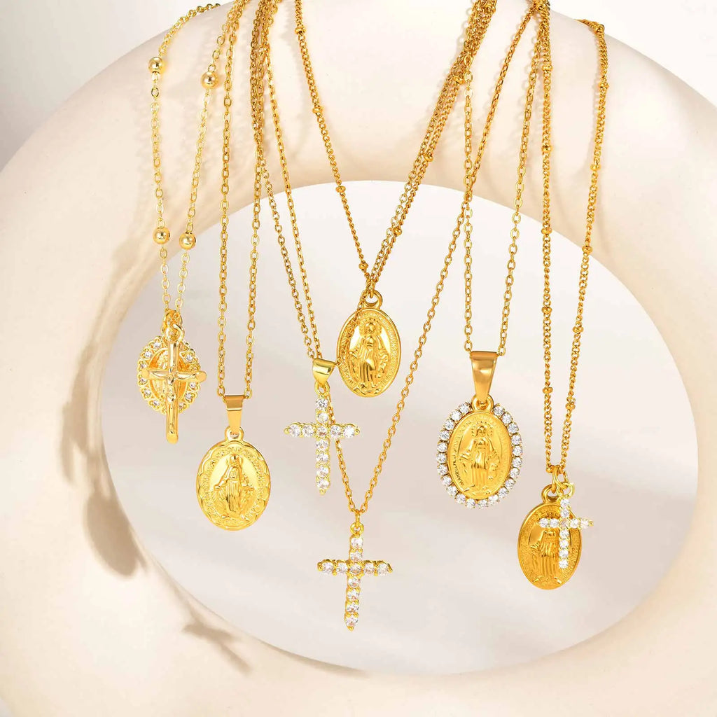 Virgin Mary Zirconia Cross Necklace – Hypoallergenic Gold Gift Pendant Necklace SPOT