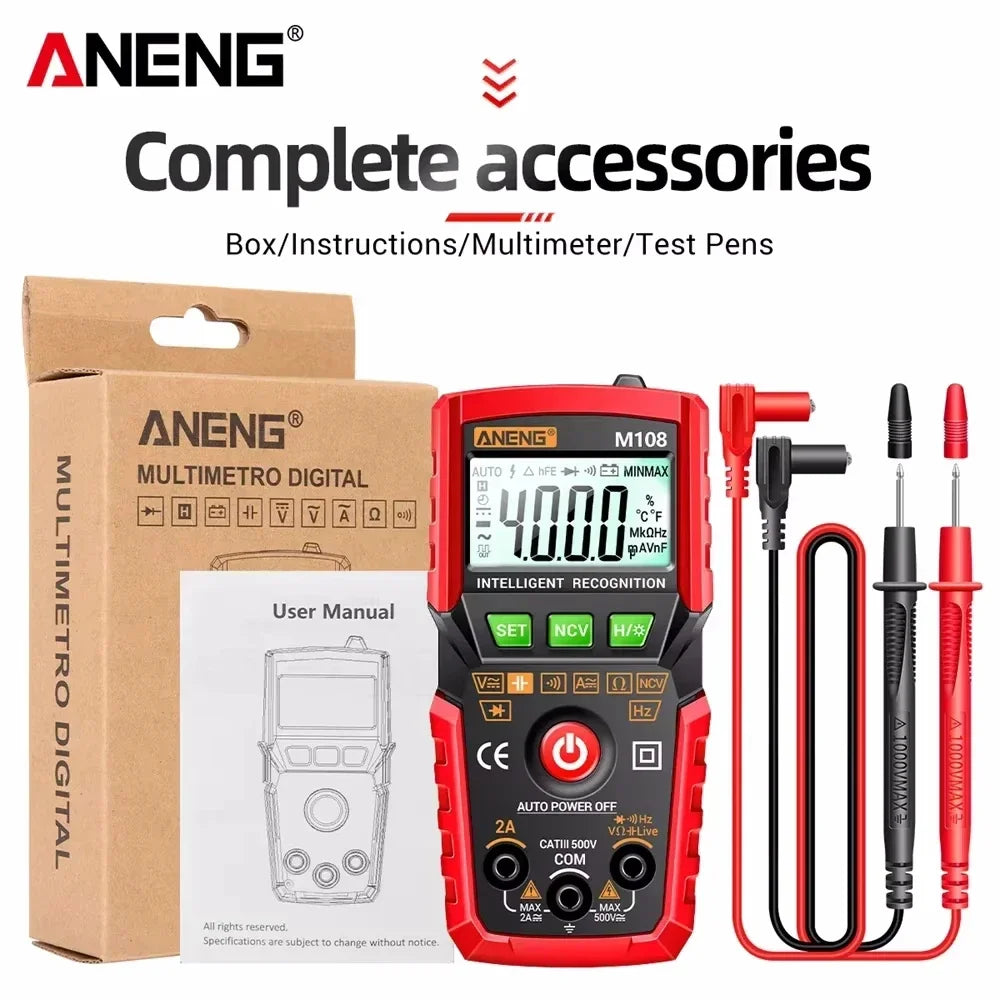 ANENG M107 Mini Digital Multimeter 4000 Count Auto-Range AC/DC Digital Multimeter SPOT M108 Red