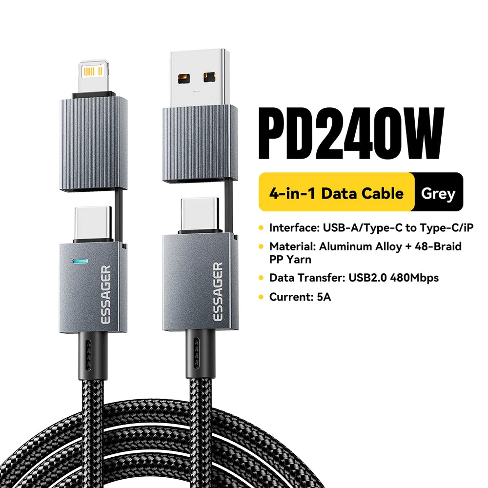 Essager 240W 4-in-1 USB-C Fast Charging Cable – iPhone & Android USB-C Charging Cable SPOT 100W 4 in 1 Grey 2m