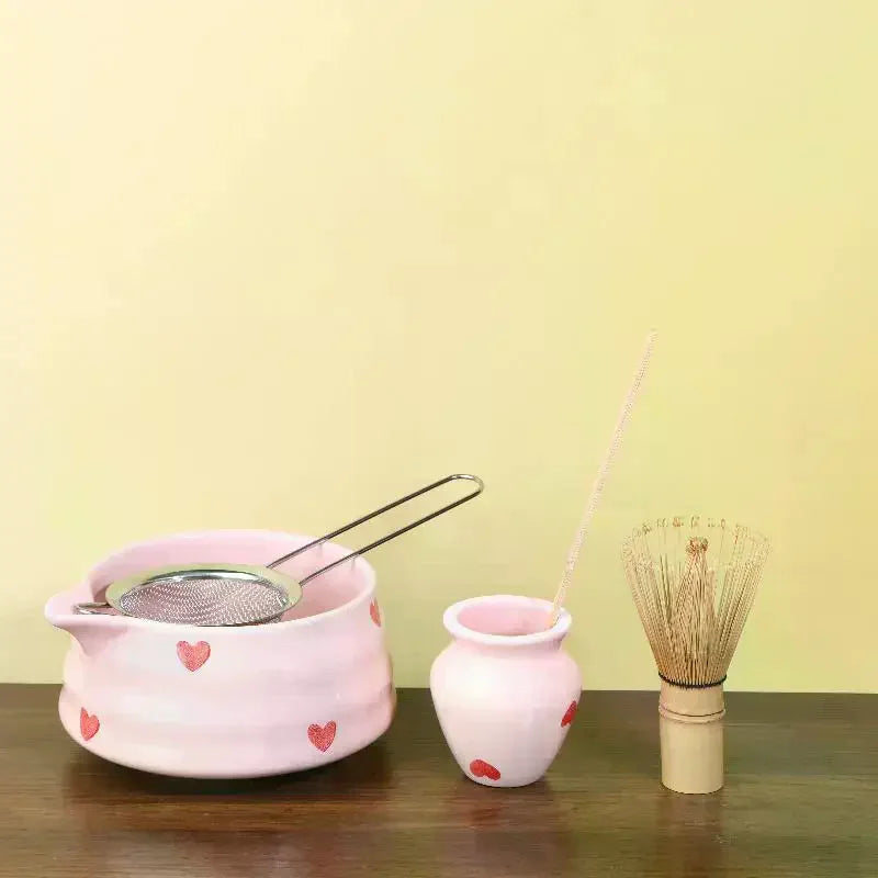 Heart Decal Ceramic Matcha Set – Bowl, Whisk, Scoop & Holder Matcha Tea Set SPOT
