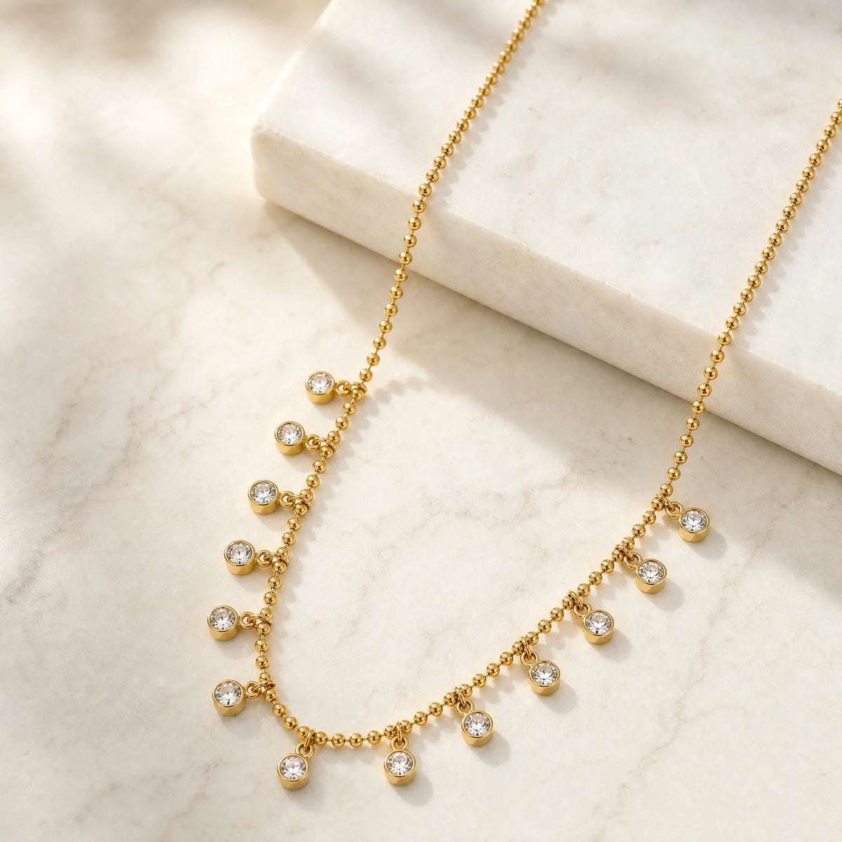 CZ Bezel Drop Station Necklace – Gold Stainless Steel Choker CZ Station Necklace SPOT