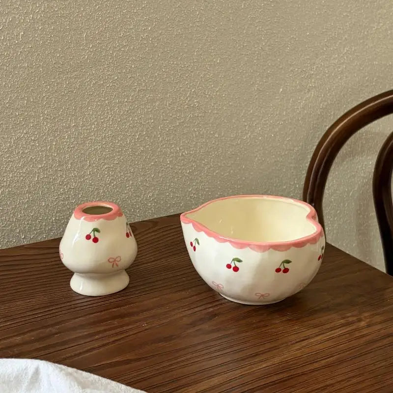 Heart Ceramic Matcha Bowl & Whisk Holder Set – Hand-Painted Ceramic Tea Set SPOT A6