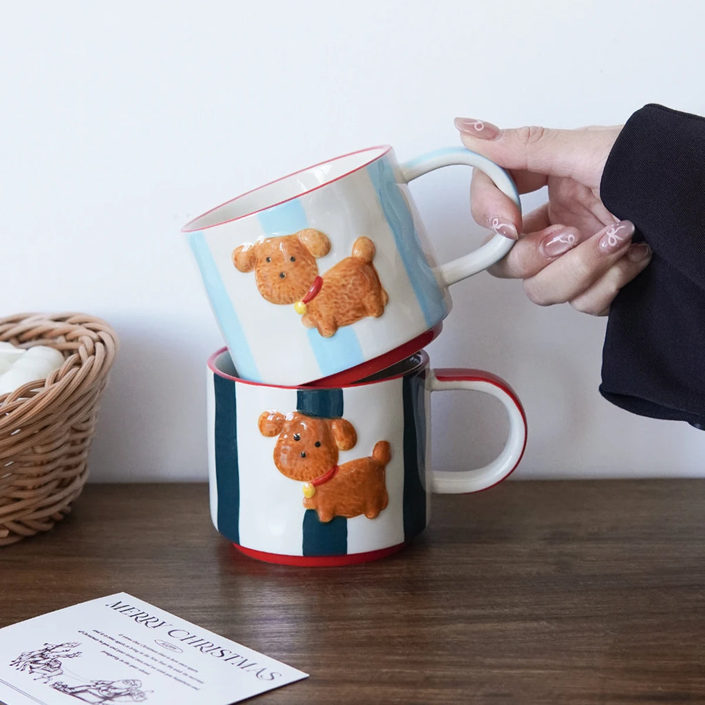 Hand-Painted Ceramic Dog Mug – Embossed Striped Pattern Cup Ceramic Coffee Mug SPOT